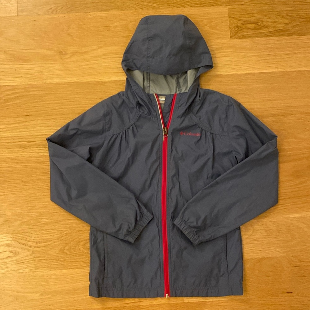 Columbia, powder-blue raincoat.